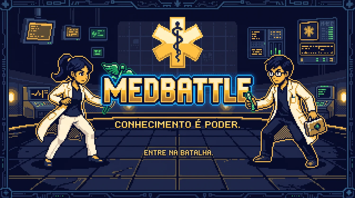 Arte em pixel de dois estudantes de medicina frente a frente numa arena, com a marca Med Battle ao centro.